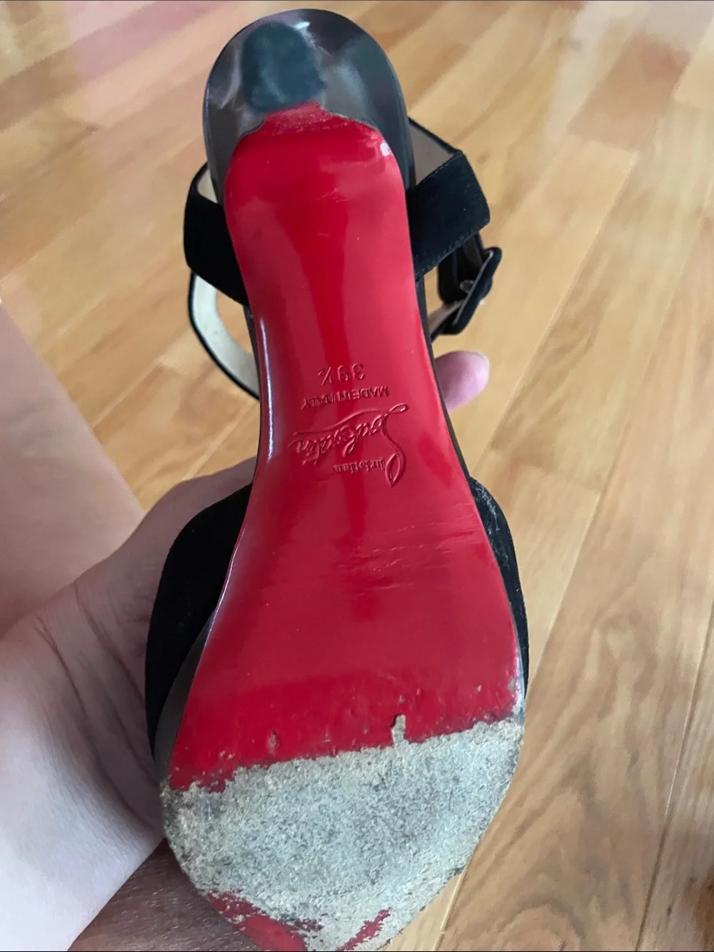 Christian Louboutin  Black Suede T-Strap High Heel Sandals